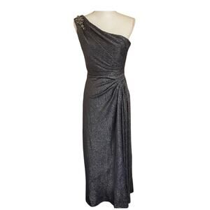 Alex Evenings One-Shoulder Metallic Evening Gown, Slit, Rhinestone Embroidery 8P